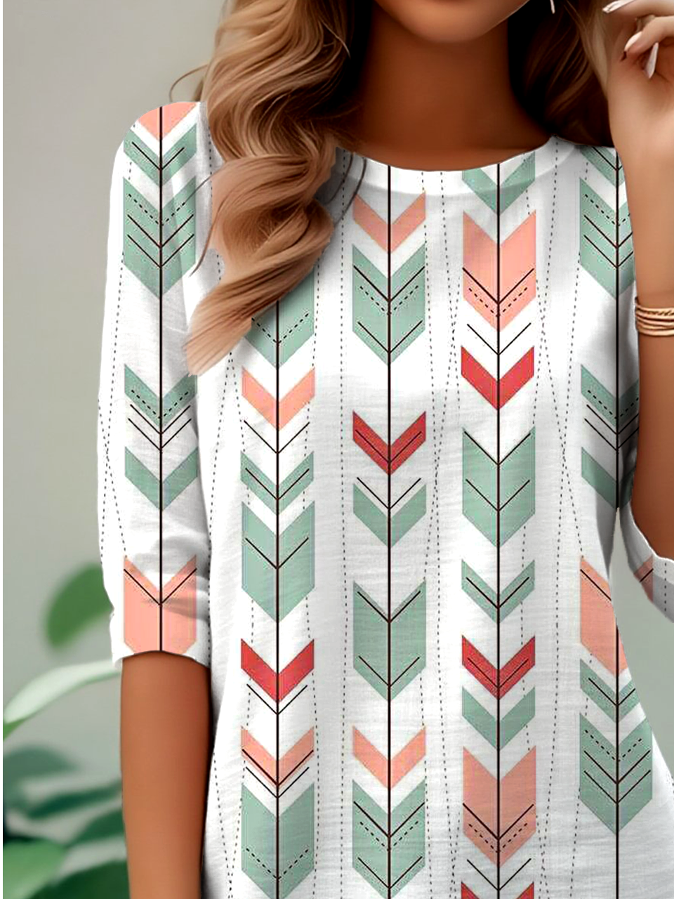 Ethnic Pattern Early Autumn Oak Leaf Print Round Neck Long Sleeve T-Shirt