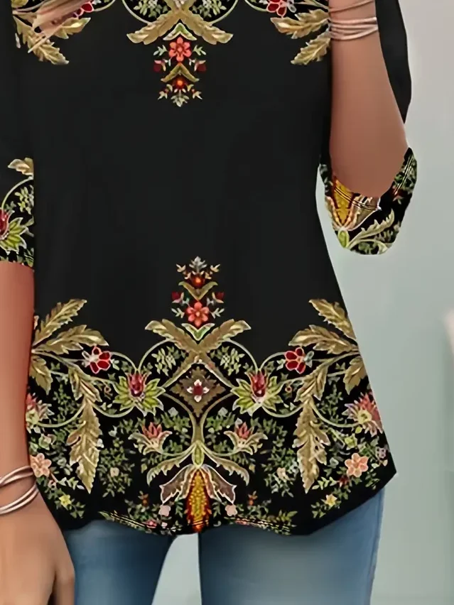 Women's Long Sleeve T-shirt Spring/Fall Black Floral Printing Jersey Crew Neck Daily Going Out Casual Top