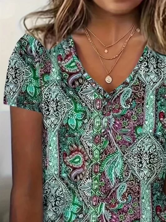 Women's Abstract Floral Print Casual Short Sleeve T-Shirt
