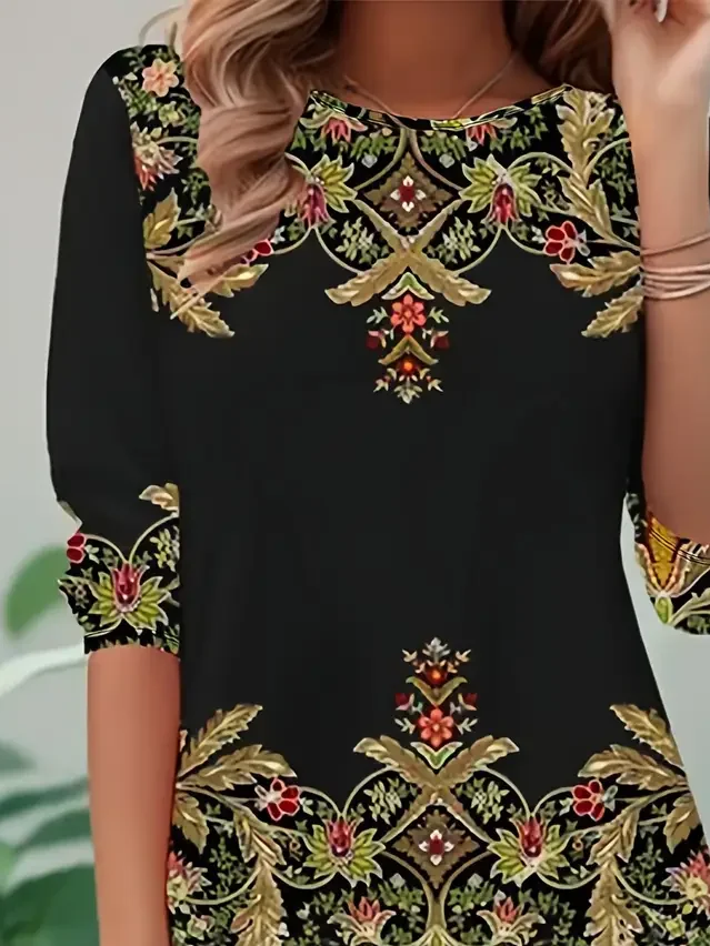 Women's Long Sleeve T-shirt Spring/Fall Black Floral Printing Jersey Crew Neck Daily Going Out Casual Top