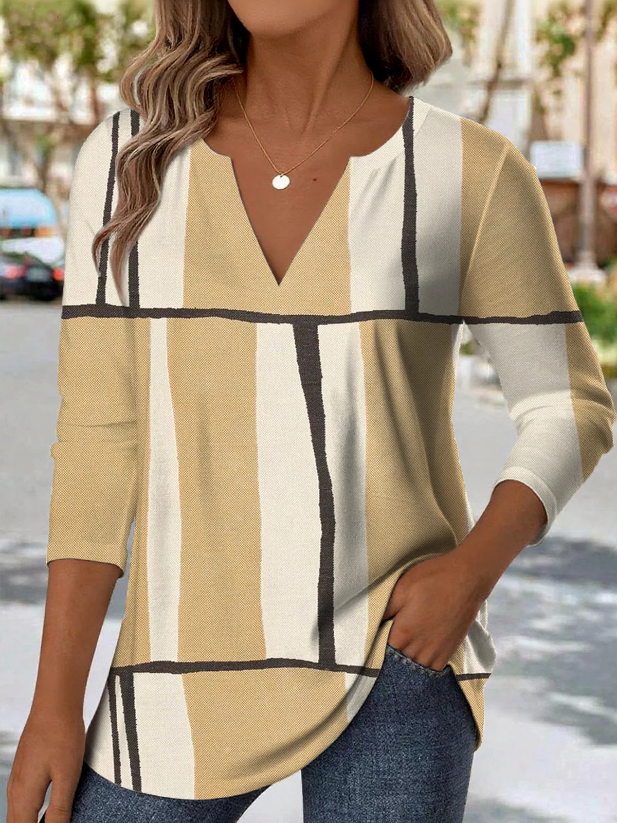 Elegant Commuter Striped Patchwork Pattern Print V-Neck Long-Sleeved T-Shirt