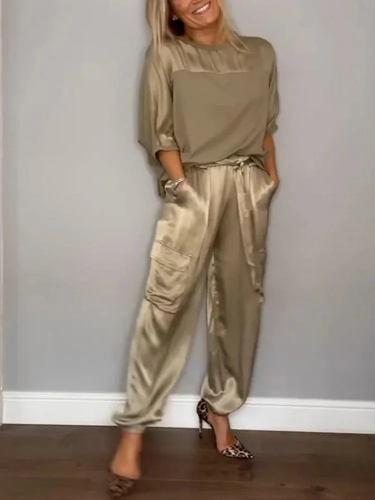 Women's Pocket Stitching Plain Daily Going Out Two-Piece Set Khaki Casual Summer Top With Pants Matching Set