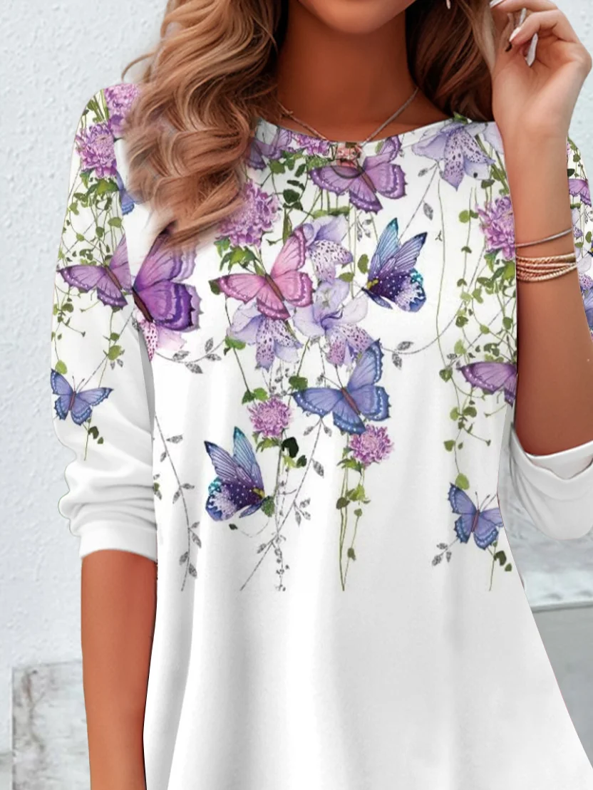 Women's Butterfly Flower Printed Casual Crew Neck Tunic T-Shirt