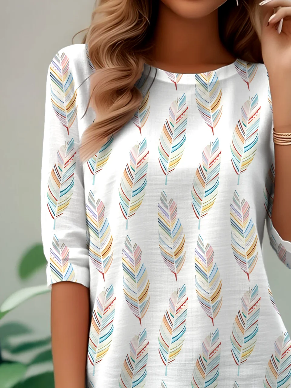 Simple Ethnic Pattern Print Round Neck Long Sleeve T-Shirt