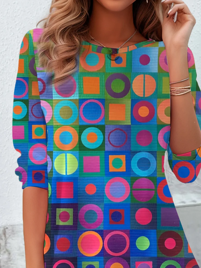 Women's Geometry Print Casual Long Sleeve Crew Neck Tunic T-Shirt