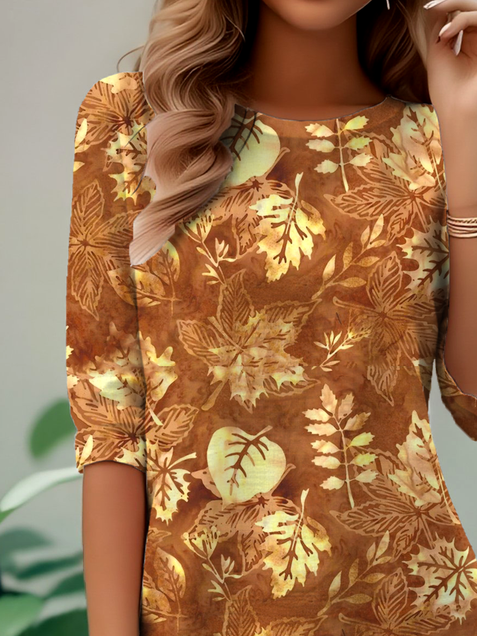 Elegant And Simple Maple Leaf Pattern Print Round Neck Long Sleeve T-Shirt