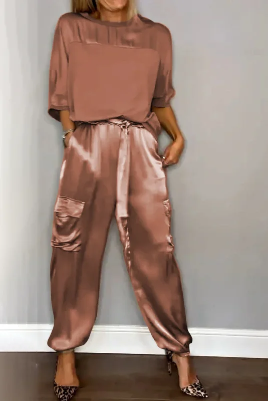 Women's Pocket Stitching Plain Daily Going Out Two-Piece Set Khaki Casual Summer Top With Pants Matching Set