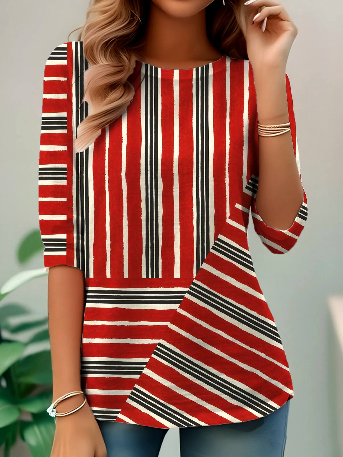 Elegant Commuting Simple Striped Pattern Print Round Neck Long Sleeve T-Shirt