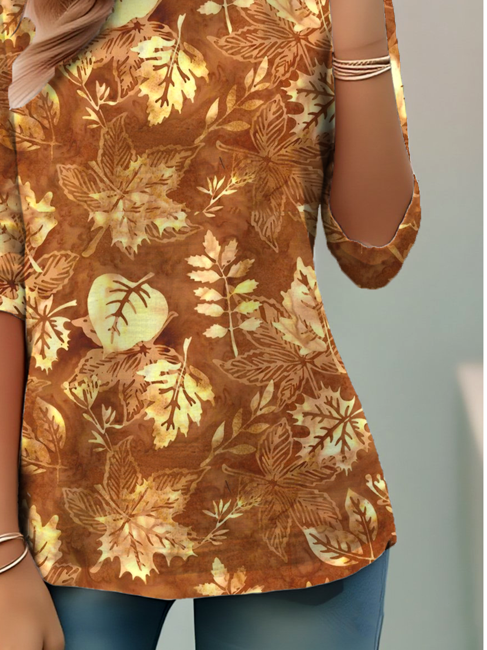 Elegant And Simple Maple Leaf Pattern Print Round Neck Long Sleeve T-Shirt