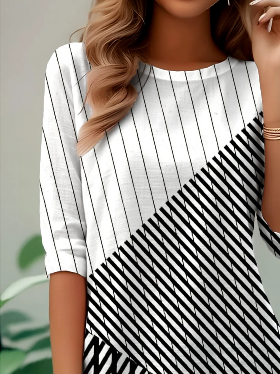 Elegant Commuting Simple Striped Pattern Print Round Neck Long Sleeve T-Shirt
