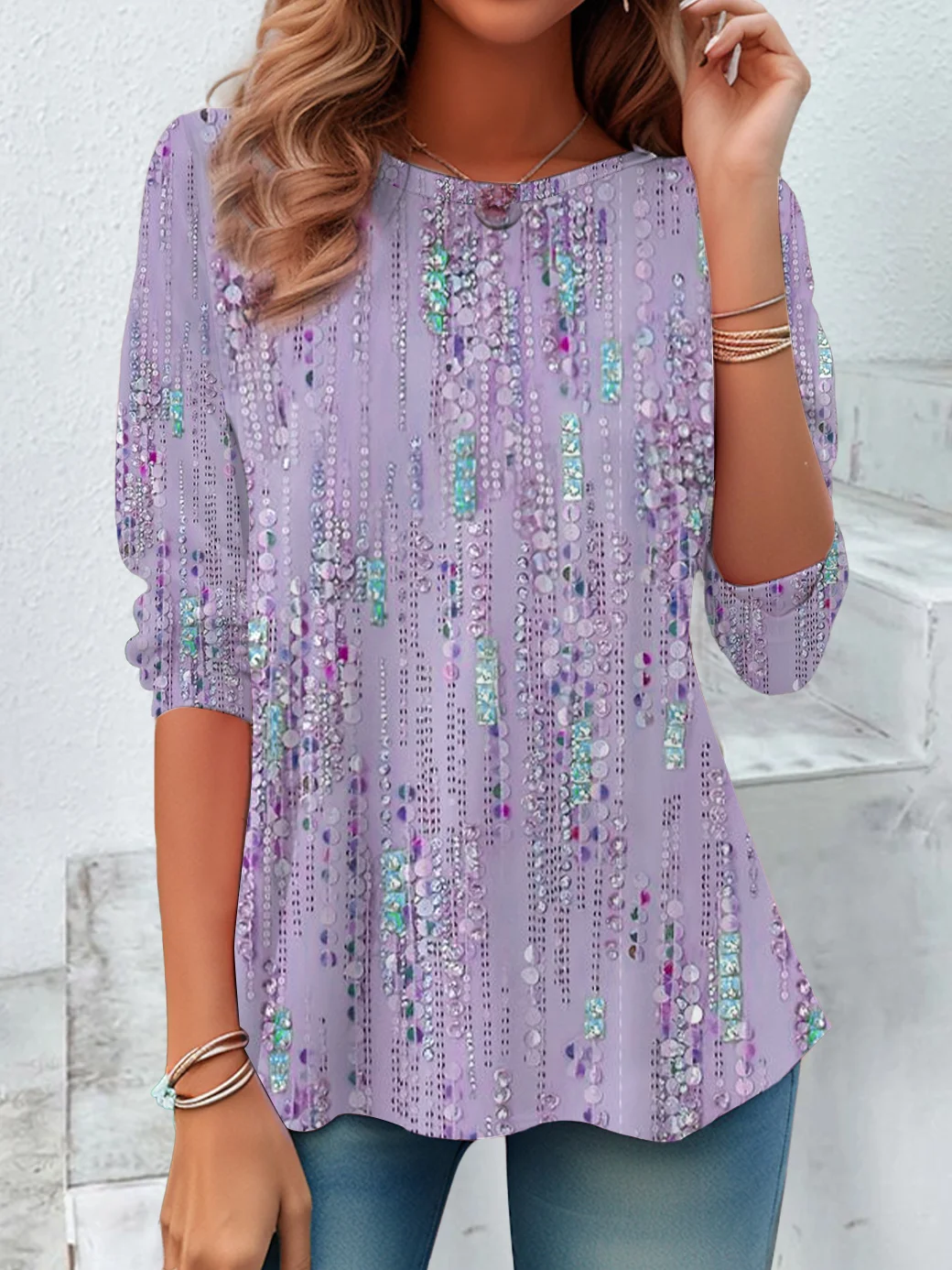 Women's Abstract Printed Casual Crew Neck Tunic T-Shirt
