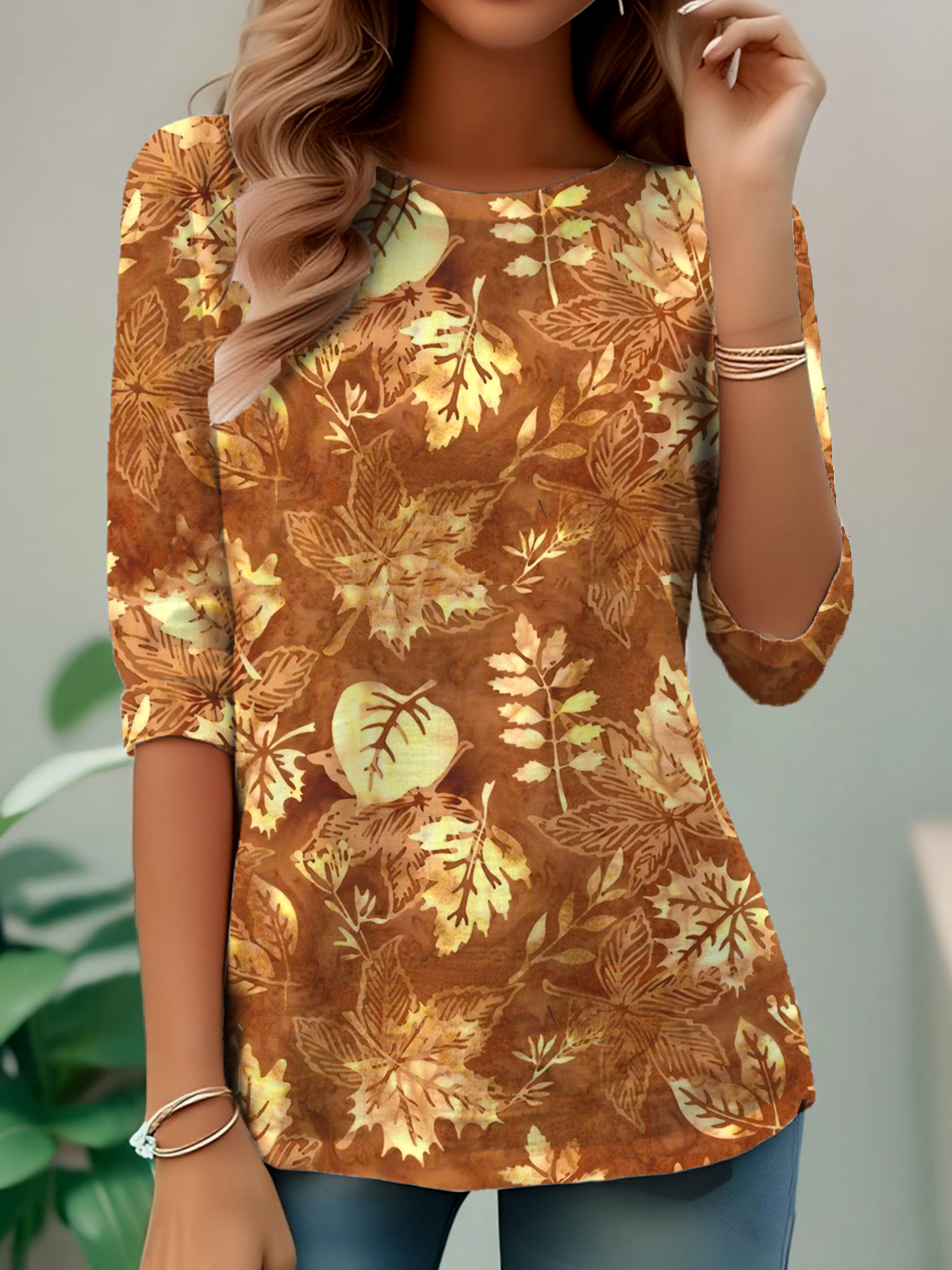 Elegant And Simple Maple Leaf Pattern Print Round Neck Long Sleeve T-Shirt