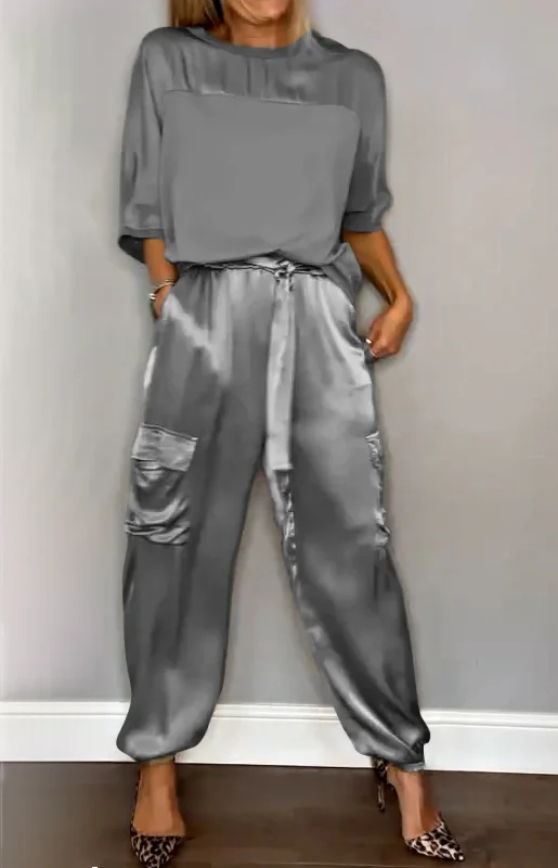 Women's Pocket Stitching Plain Daily Going Out Two-Piece Set Khaki Casual Summer Top With Pants Matching Set