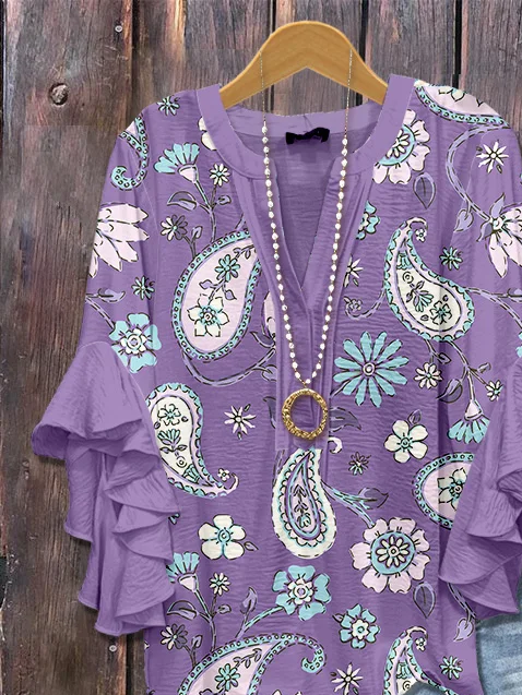Women's Half Sleeve Shirt Summer Purple Floral Printing V Neck Daily Going Out Casual Top