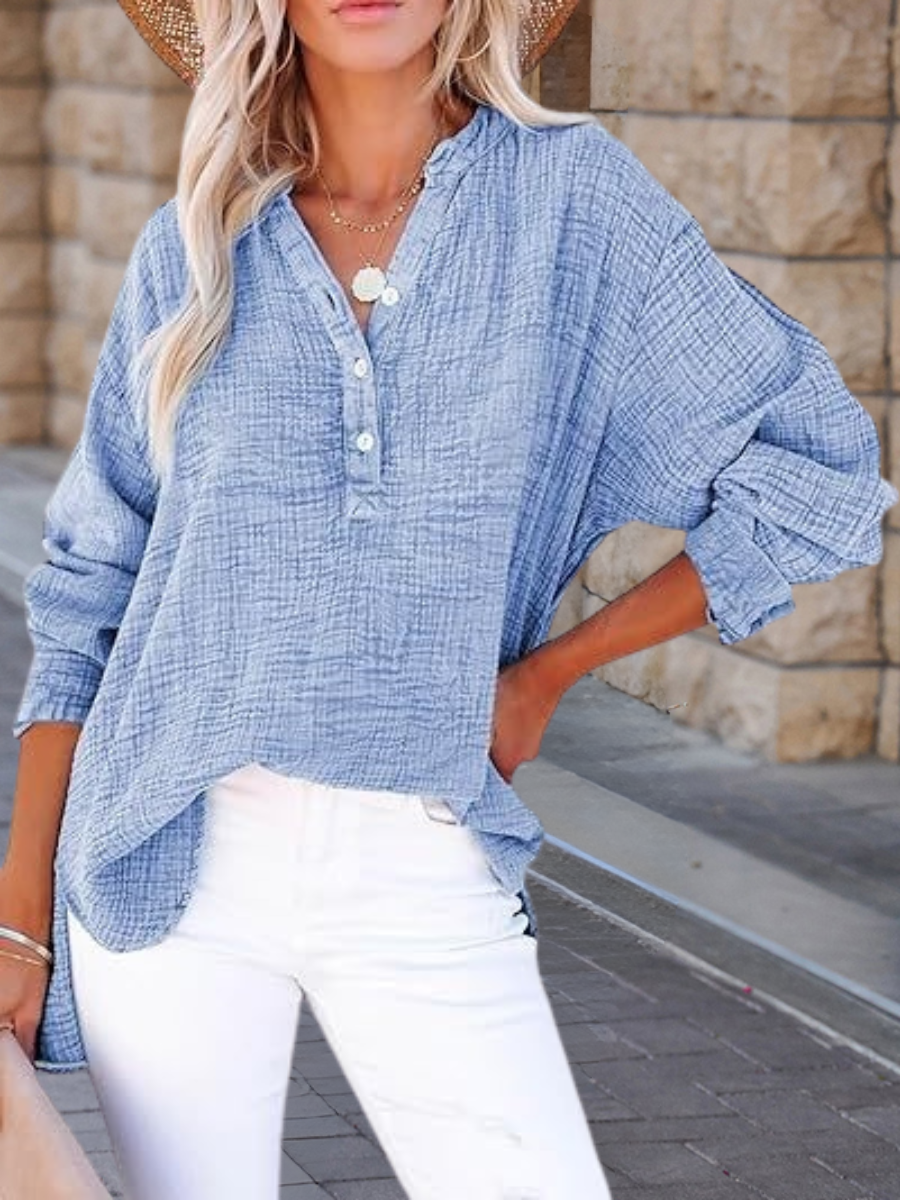 Women's Long Sleeve Shirt Spring/Fall Sky Blue Plain Split Joint Cotton V Neck Daily Going Out Casual Top