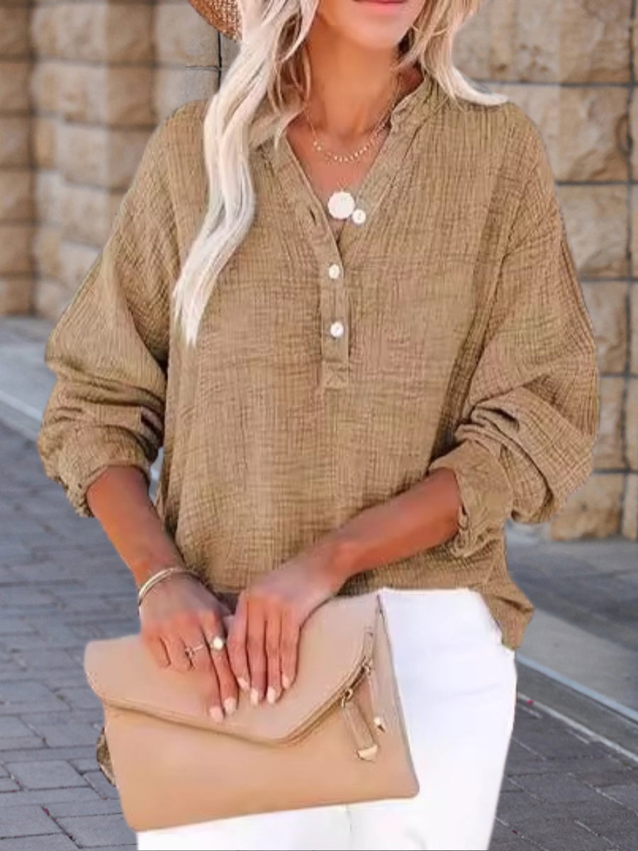 Women's Long Sleeve Shirt Spring/Fall Sky Blue Plain Split Joint Cotton V Neck Daily Going Out Casual Top