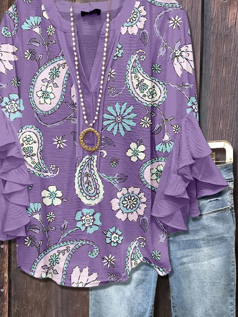 Women's Half Sleeve Shirt Summer Purple Floral Printing V Neck Daily Going Out Casual Top