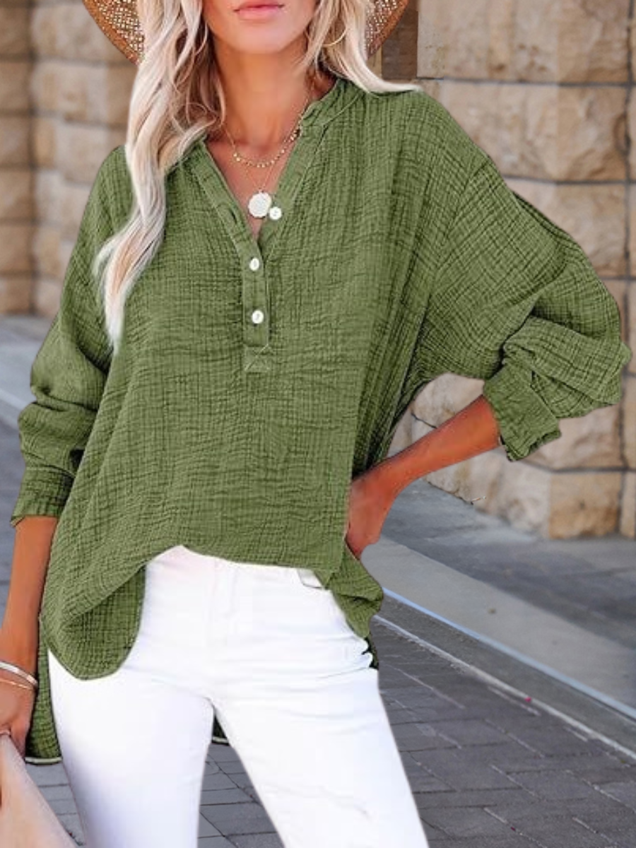 Women's Long Sleeve Shirt Spring/Fall Sky Blue Plain Split Joint Cotton V Neck Daily Going Out Casual Top