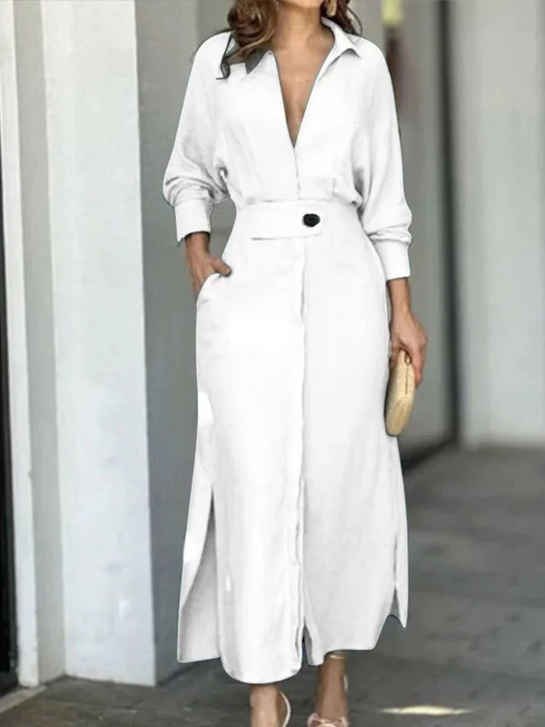 Women's Long Sleeve Spring/Fall Apricot Plain Split Joint V Neck Daily Going Out Vintage Maxi A-Line Tank Dress