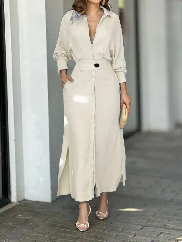 Women's Long Sleeve Spring/Fall Apricot Plain Split Joint V Neck Daily Going Out Vintage Maxi A-Line Tank Dress