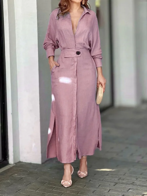 Women's Long Sleeve Spring/Fall Apricot Plain Split Joint V Neck Daily Going Out Vintage Maxi A-Line Tank Dress