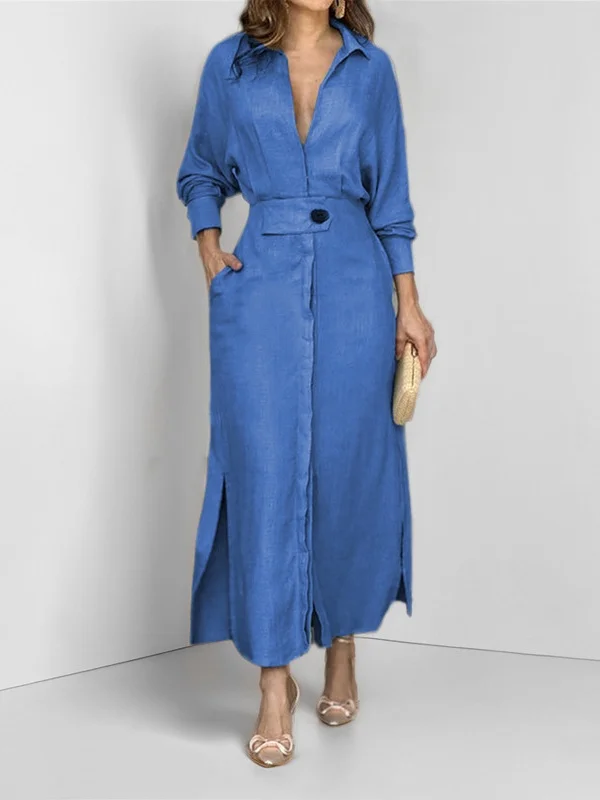 Women's Long Sleeve Spring/Fall Apricot Plain Split Joint V Neck Daily Going Out Vintage Maxi A-Line Tank Dress