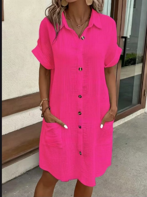 Solid Color Single-Breasted Mid-Length Short-Sleeved Loose Casual Commuter Dress