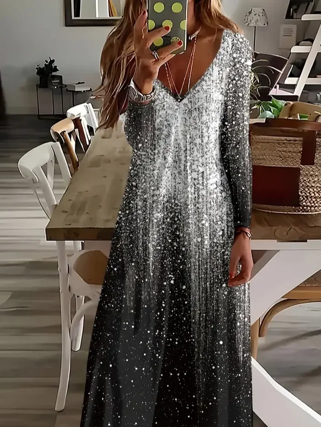 Women's Long Sleeve Spring/Fall Black Abstract Printing V Neck Daily Going Out Casual Maxi H-Line Dress