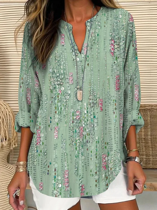 Women's Long Sleeve Blouse Spring/Fall Purple Abstract Printing Cotton-Blend V Neck Daily Going Out Casual Top