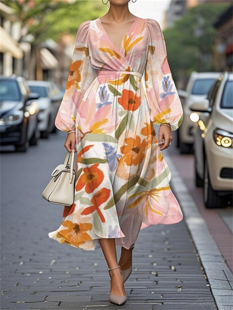 Simple Floral Puff Sleeve V Neck Regular Fit Dress