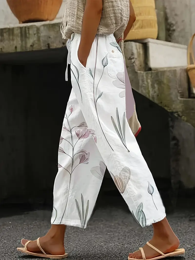 Women's  H-Line Baggy Pants Daily Going Out Pants White Casual Printing Floral Spring/Fall Pants