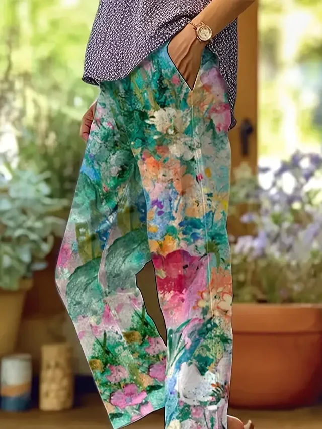 Women's  H-Line Baggy Pants Daily Going Out Pants Green Casual Printing Floral Spring/Fall Pants