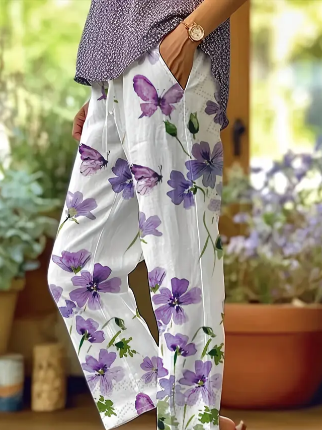 Women's  H-Line Baggy Pants Daily Going Out Pants White Casual Printing Floral Spring/Fall Pants
