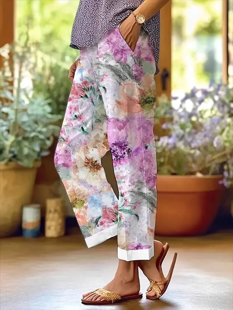 Women's  H-Line Baggy Pants Daily Going Out Pants Purple Casual Printing Floral Spring/Fall Pants