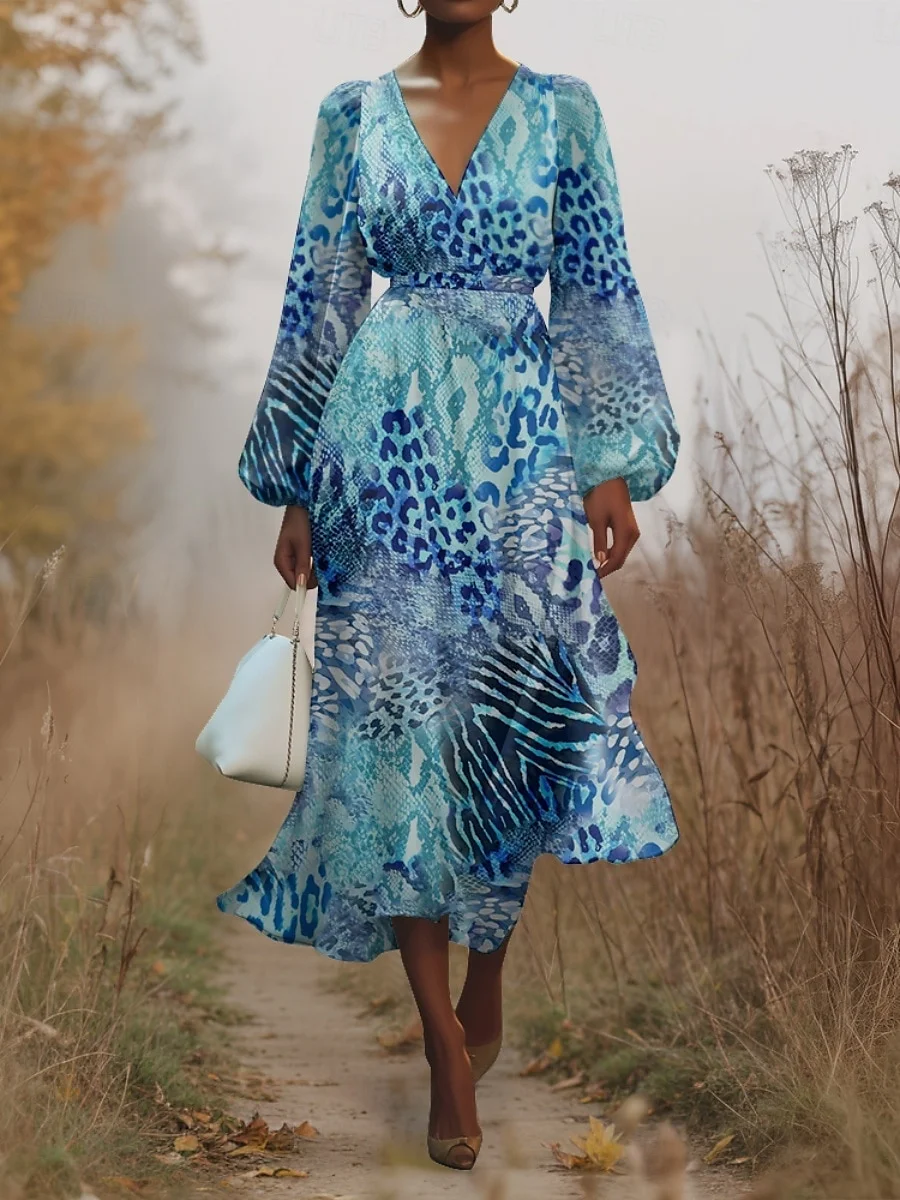 Puff Sleeve Snakeskin Regular Fit Street Dress