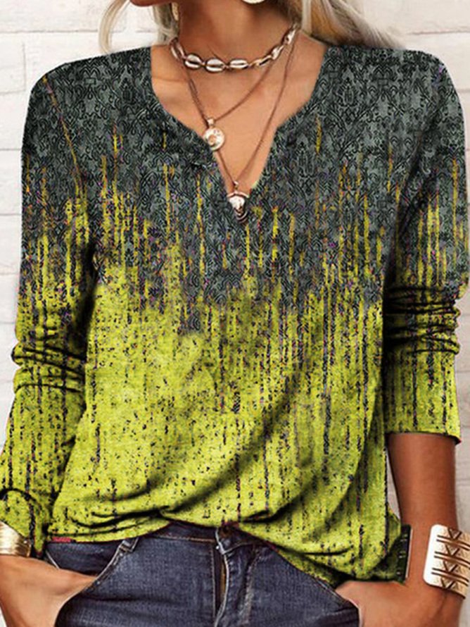 Print Casual V Neck Long Sleeve T-Shirt