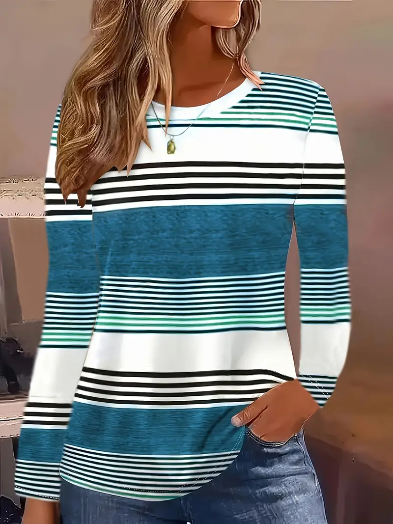Women's Long Sleeve T-shirt Spring/Fall Cyan Striped Printing Jersey Crew Neck Daily Going Out Casual Top