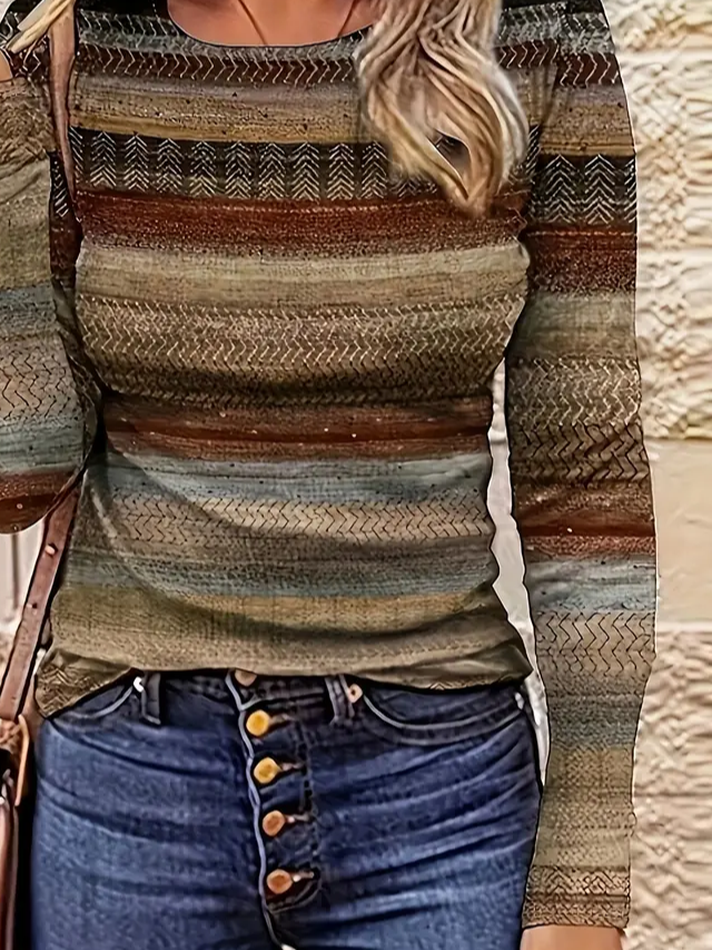 Women's Long Sleeve T-shirt Spring/Fall Brown Abstract Printing Jersey Crew Neck Daily Going Out Casual Top