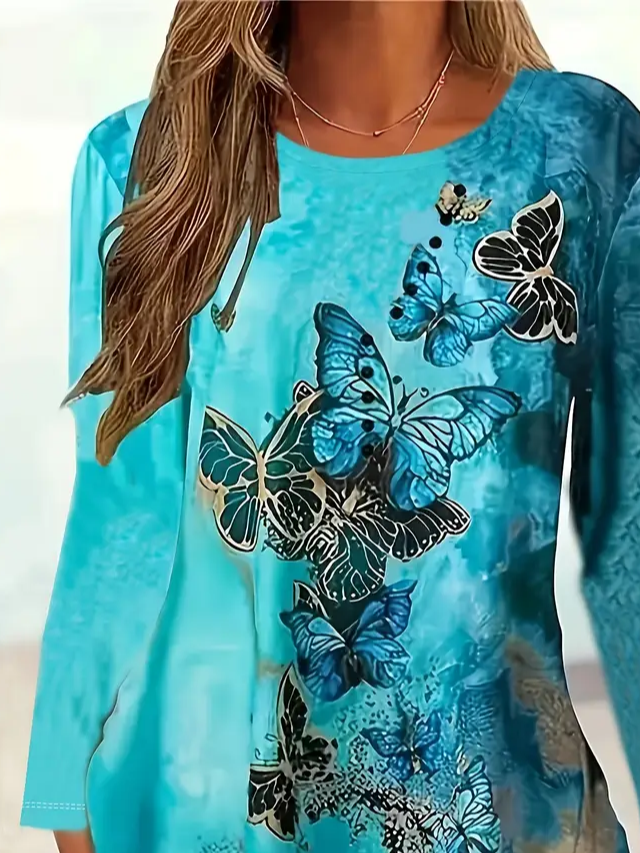 Women's Long Sleeve T-shirt Spring/Fall Cyan Butterfly Printing Jersey Crew Neck Daily Going Out Casual Top