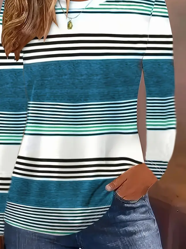 Women's Long Sleeve T-shirt Spring/Fall Cyan Striped Printing Jersey Crew Neck Daily Going Out Casual Top