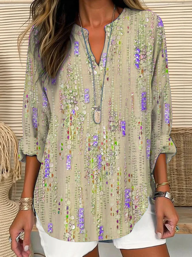 Women's Long Sleeve Blouse Spring/Fall Purple Abstract Printing Cotton-Blend V Neck Daily Going Out Casual Top