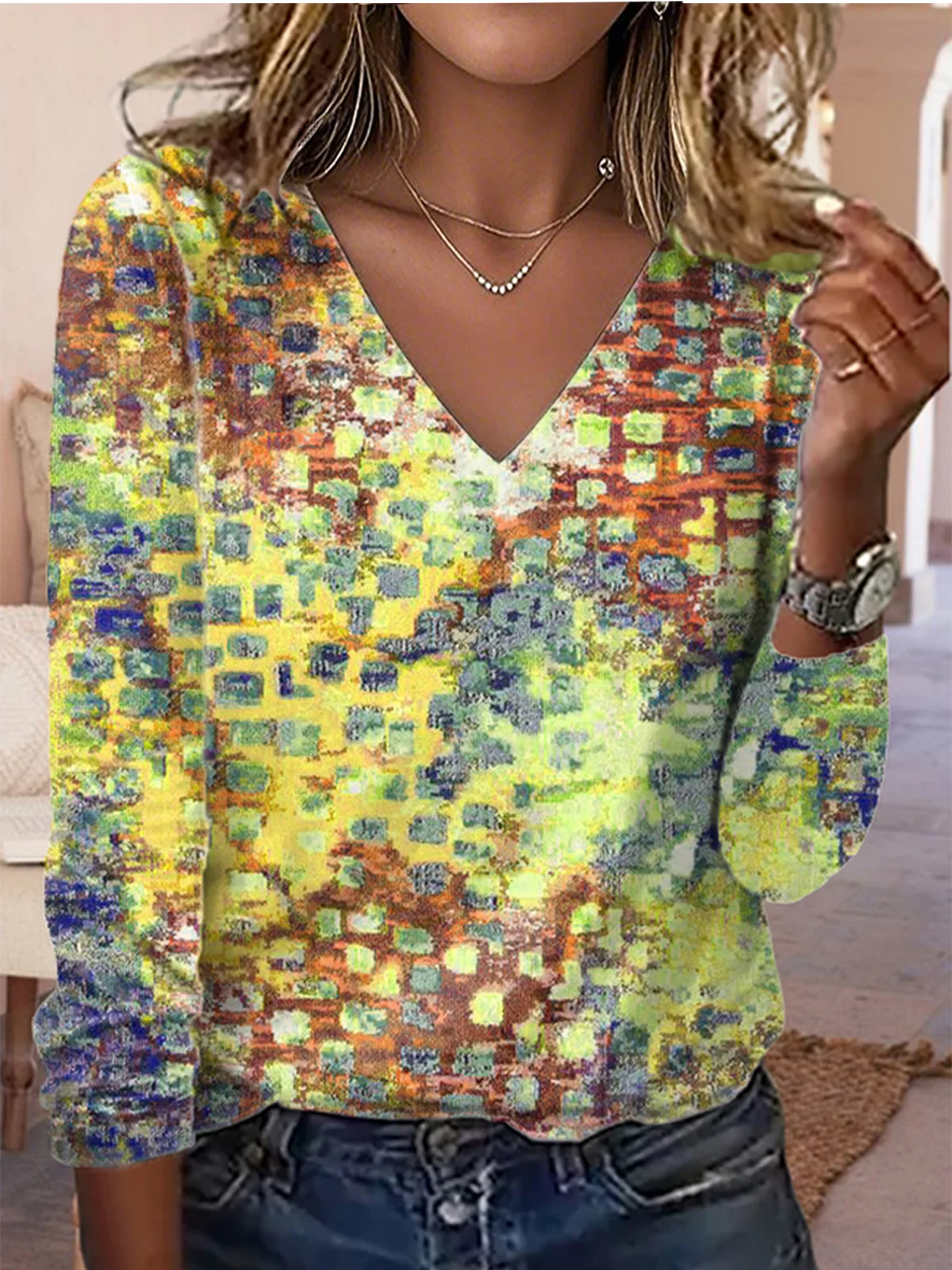 Print Casual V Neck Long Sleeve T-Shirt