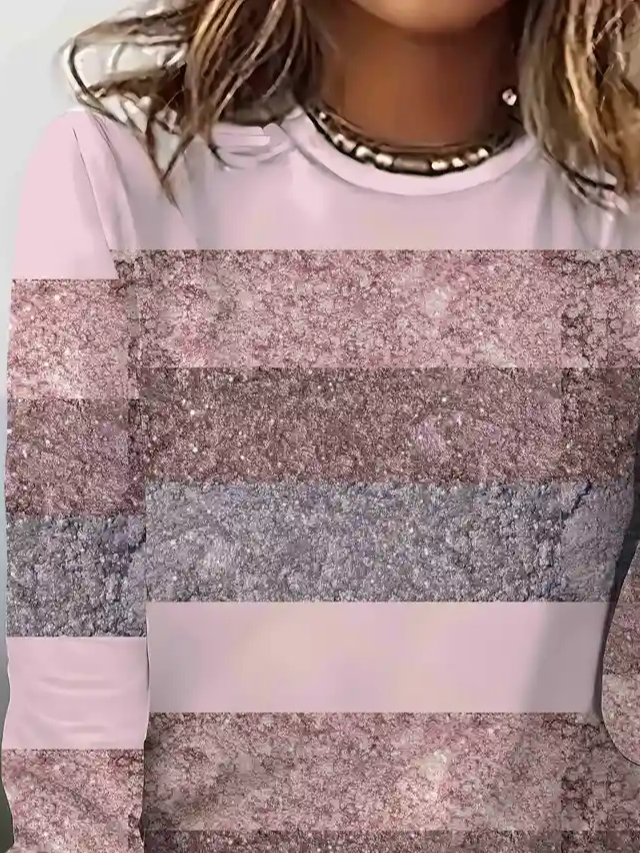Women's Long Sleeve T-shirt Spring/Fall Pink Abstract Stripes Printing Jersey Crew Neck Daily Going Out Casual Top
