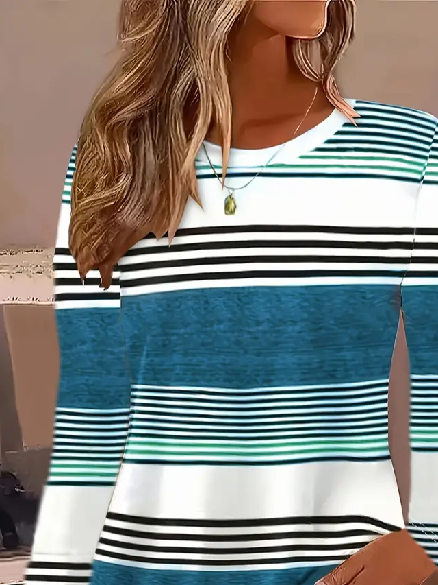Women's Long Sleeve T-shirt Spring/Fall Cyan Striped Printing Jersey Crew Neck Daily Going Out Casual Top