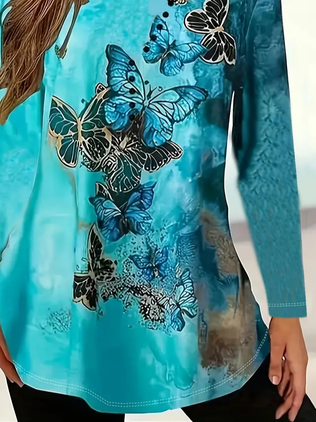 Women's Long Sleeve T-shirt Spring/Fall Cyan Butterfly Printing Jersey Crew Neck Daily Going Out Casual Top