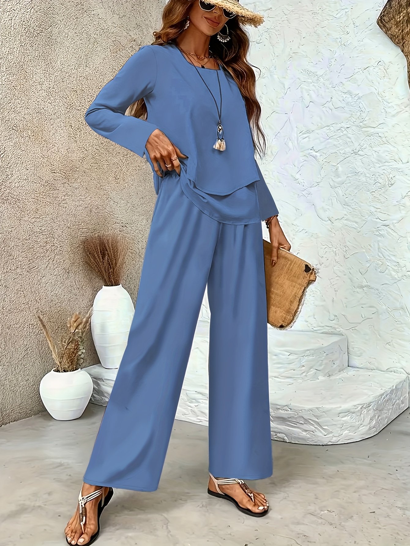 Square Neck Street Plain Loose Two-Piece Set