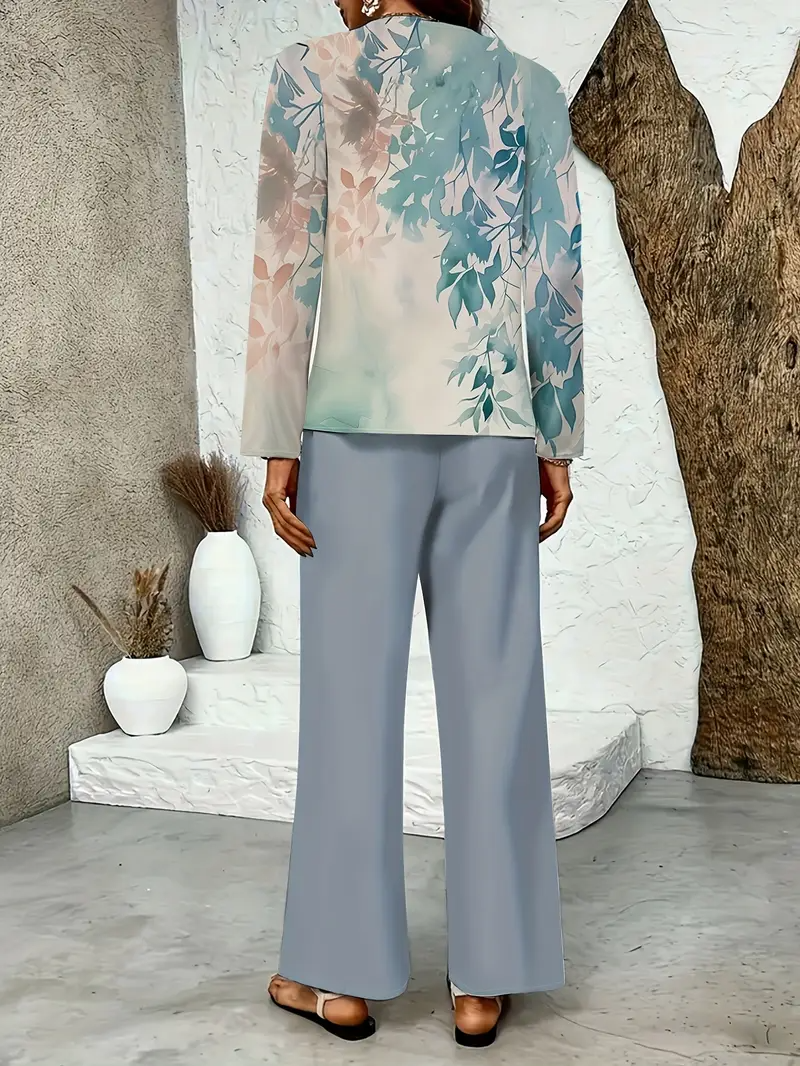 Street Loose Botanical Pattern Square Neck Two-Piece Set