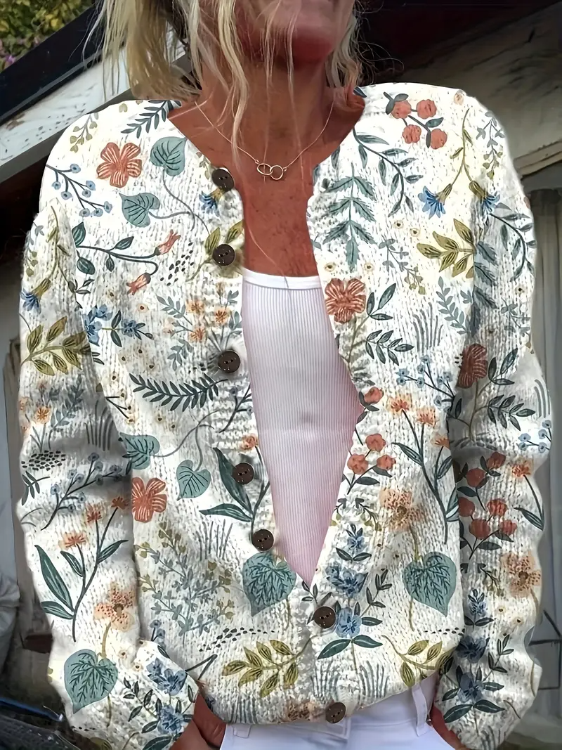 Women Vintage Spring/Fall 3D Printing Daily Long Sleeve Crew Neck H-Line Regular Cardigans