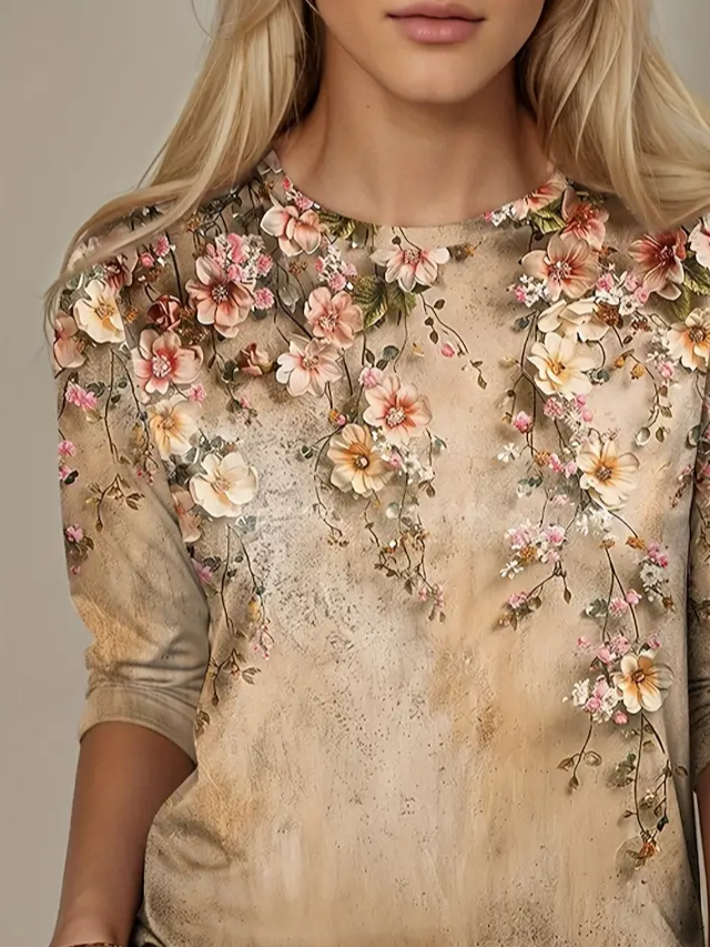 Women's Long Sleeve T-shirt Spring/Fall Khaki Floral Printing Jersey Crew Neck Daily Going Out Casual Top