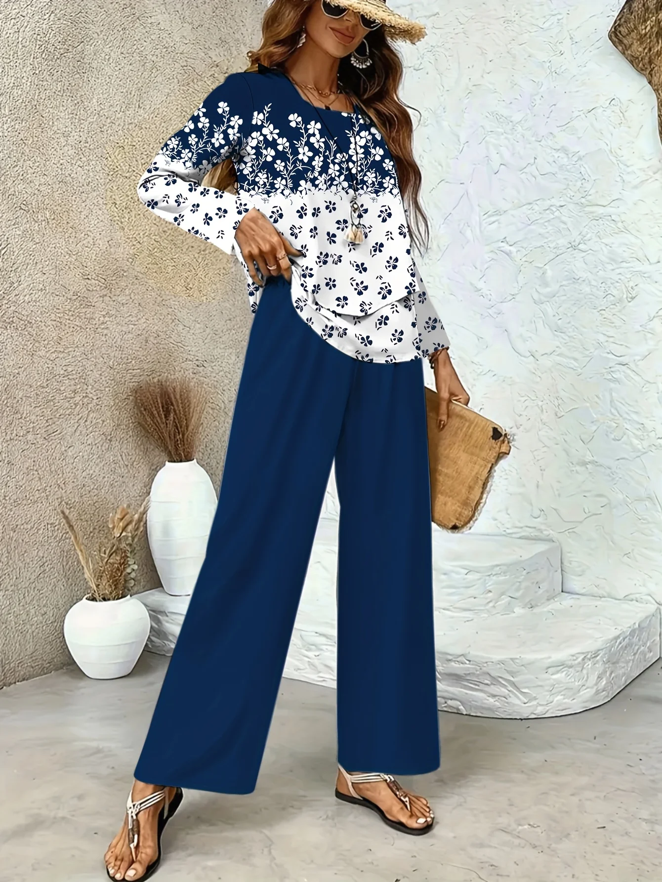 Square Neck Gradient Pattern Simple Loose Two-Piece Set